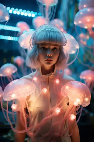 futuristic fantasy scene with abstract costume